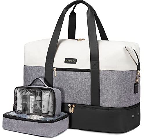 LOVEVOOK Reisetasche Sporttasche Damen, Leichte 60L Weekender Travel Bag, Kliniktasche Geburt mit Kulturtasche Schuhfach, Handgepäck Tasche Flugzeug für Ryanair, Beige Grau Schwarz