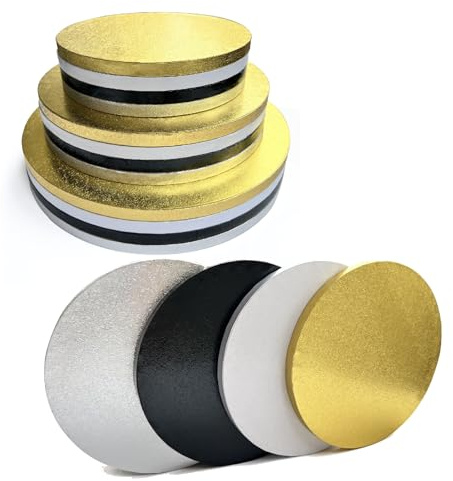 12 Packs Thick Cake Drums, Greaseproof 8, 10 & 12 inch Assorted Round Cake Drum in Gold Black Sliver White Cake Base, Cardboard Cake Boards for Presenting Heavy/Tall Tiered Cakes, Base para Pastel