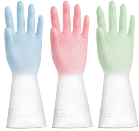 AOOPOO 3 Paires Gants de Ménage, Gants de Vaisselle en PVC Caoutchouc, Gants de Nettoyage Antidérapants Réutilisables pour Le Linge, Le Jardinage, Cuisine, Maison, Salle de Bain, Taille S M L
