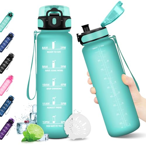 KollyKolla Gourde 1L, Gourde Sport, Bouteille d'eau 1 Litre avec Marqueur de Temps, Étanche & Réutilisable, sans BPA, Water Bottle pour Enfant, Adulte, l'école, Cyclisme, Fitness, Yoga, Bureau, Gym