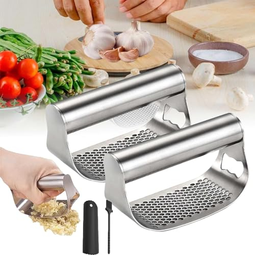 Garlic Press Garlic Mincer, Knoblauchpresse, Knoblauchwolf, 2024 NEW Crusher Stainless Steel Garlic Press Set for Kitchen with Brush & Peeler, Kitchen for Garlic (2pcs)