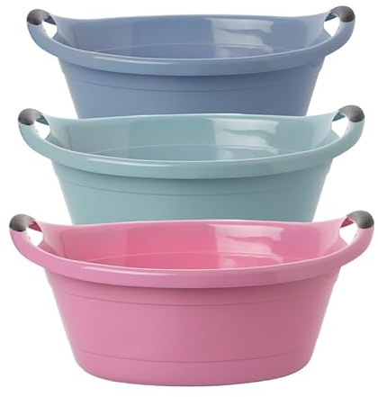 Wäschekorb, 3er Set - Blau, Grün und Rosa, robuste Wäschewanne mit Griffen - Ideal für Transport und Aufbewahrung von Wäsche - Livinia