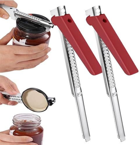 2PCS Müheloser Arthritis Glasöffner, Flaschenöffner für Senioren, Verstellbarer Dosenöffner & Deckelöffner Manuell, Arthritis Glasdeckelöffner aus Edelstah (Rot)