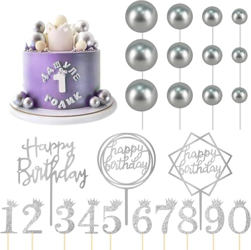 25 Stück Happy Birthday Tortendeko, Glitter Cake Topper Geburtstag Silber, mit tortendeko kugeln und 0-9 Zahlen Topper, tortenstecker geburtstag für Geburtstag Party, Hochzeit