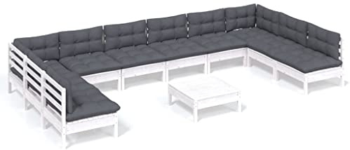 WEMYUFURN 11-TLG. Garten-Lounge-Set mit Kissen Weiß Kiefer Massivholz, Outdoor-Sitzgruppe, Terrassen-Lounge-Set, Garten-Couchgarnitur - Wetterbeständig, Komfortabel - für Terrasse, Garten und Balkon