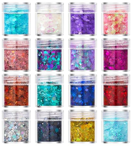 JIHUOO Glitzer, für Haare und Körper, glitzernd, holografische Nagel-Pailletten, Nagelkunst, Glitzerpuder, Make-up, Glitzer, Gel, Glitzer, Kosmetik-Glitzer für Damen und Mädchen, 16 Farben