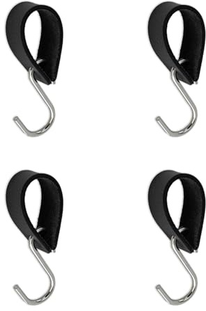0XBIT 4 Stück S Haken Schwarz, S Haken Schwarz mit Lederschlaufe, Lederschlaufe Haken, Starke Tragfähigkeit, zum Aufhängen von Kleidung, Hüten und Taschen