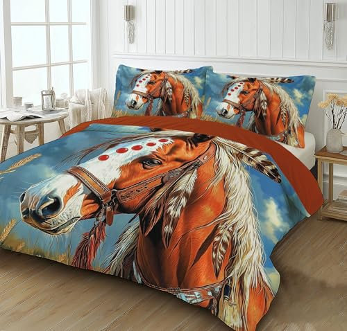WunM Studio Set Copripiumino cavallo marrone bellissimo animale Singolo Cavallo animale boemo, 1 x Copripiumino, 2 x Federe 50x70 cm Completo Sacco Parure Letto Bohémien Microfibra