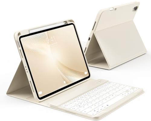 KVTVOU Hülle mit Tastatur für iPad A16 11. Generation 2025, iPad 10. Generation 2022 10,9 Zoll, Abnehmbarer Bluetooth Tastatur QWERTZ Layout, Weiche TPU Hülle mit Stifthalter, Cremeweiß