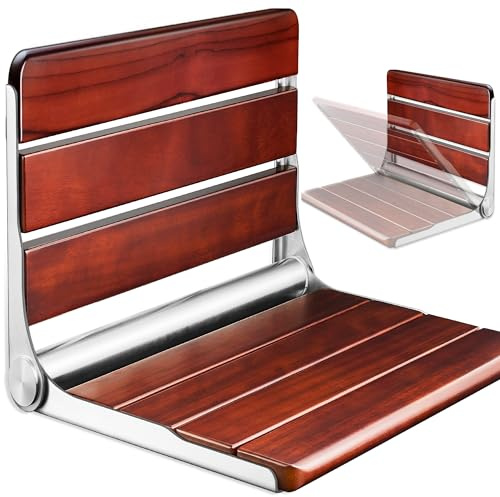 18.4 Folding Teak Shower Seat Wall Mounted – Fold Down Shower Chair, Solid Teak Wood Shower Bench with 304 Stainless Steel Frame, Wall Mount Shower Seat for Senior, Disabled, Bathroom, 400lb Capacity