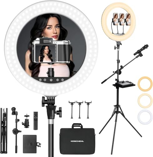 18 Ringlicht Stativ Handyhalter Fernbedienung 3000-6500K Dimmbar 210cm | Touch-Panel, 2 USB-Ports, Mikrofon- & Soundkartenhalter. Sicherer Stand. Ideal für Make-up, TikTok, Vlogs & YouTube