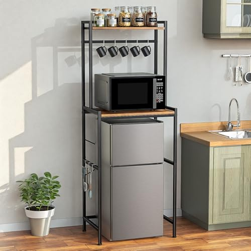 Housolution Support pour Mini-réfrigérateur 2 Niveaux avec Rangement | Étagères à Hauteur Réglable, 8 Crochets, Assemblage Facile, Support Micro-ondes Robuste pour Dortoir/Appartement,Noir+Marron