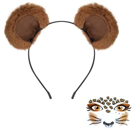 MUNSKT Bärenohren Stirnband mit entzückenden Gesichtsaufklebern, verstellbares Tierkostüm Zubehör für Halloween, Cosplay, Partys (Kinder & Erwachsene) (Dunkelbraun, Einheitsgröße)