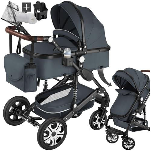 tectake® 2 in 1 Kinderwagen, klappbarer Kinderwagen Buggy mit Liegefunktion, mit Fußsack Buggy, Buggy mit Getränkehalter, herausnehmbarer Babywanne und Regenschutz - anthrazit
