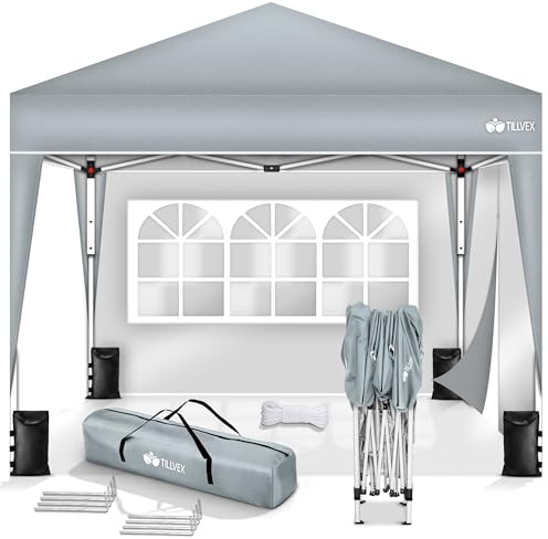 tillvex Gazebo Plegable Cenador 3x3m Impermeable | Pabellon de Jardin Pop-up Regulable en Altura | Carpa de jardín protección UV 50+ | Cenador de Fiesta con Bolsa (Gris - con 2 Paredes)