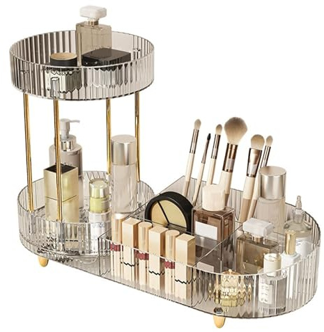 Kottwca Makeup Organiser, 360° Rotating Perfume Tray with 5-compartment Cosmetic and Skincare Organisers, 2 Tiers Large Capacity 2 In 1 Cosmetic Perfume Stand for Vanity, Bathroom and Bedroom （Clear）