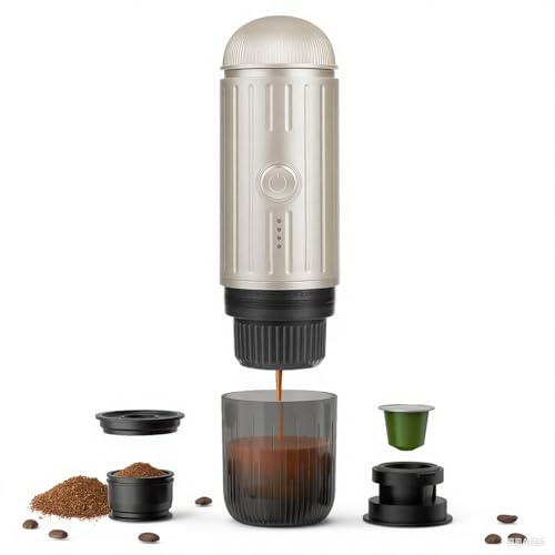 Machine à expresso portable, rechargeable, électrique, 12 V, chauffe en un clic, cafetière automatique, compatible avec les capsules NS et le café moulu pour le camping, les voyages, à la maison
