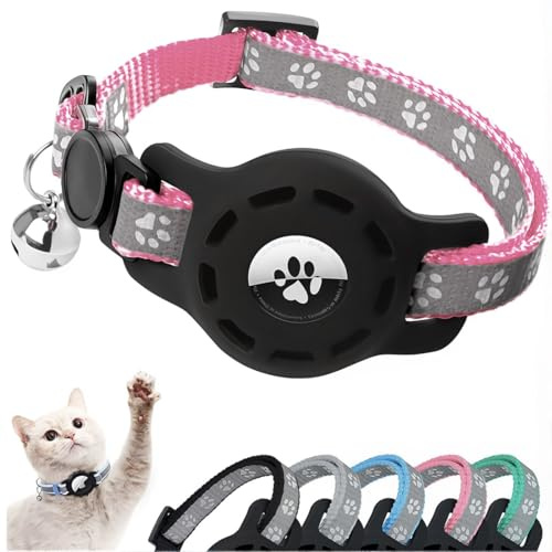 JEYORZY 1 pcs Katzenhalsband Kompatibel mit Airtag, Reflektierend GPS Leichte Tracker Katzenhalsbänder, Personalisiert Katze, Schnellverschluss, Glöckchen, Verstellbar für Katzen Kitten, Rosa