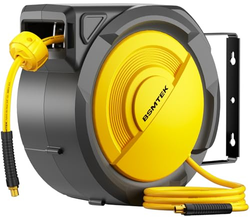 BSMTEK 80FT+6.5FT Retractable Air Hose Reel, 3/8 Hybrid Air Hose, Air Compressor Hose Reel with Max 300 PSI Patented Design, Wall Mount Pneumatic Hose Reel for Garage Workshop, 180°Automatic Rewind