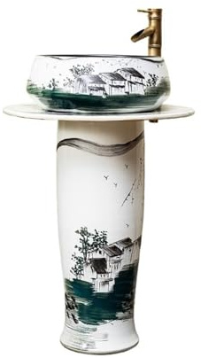 Clásico Lavabo de pedestal de cerámica for baño, de pie, con grifo y desagüe, for interior y exterior. Columna