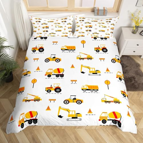 Homemissing Baustelle Kinder Bettwäsche Set 135x200cm Cartoon Cars Wendemotiv Jungen Bettbezug Traktor Bagger Teens Betten Weich Zimmer Dekor Bettwäsche-Set mit 1 Kissenbezug