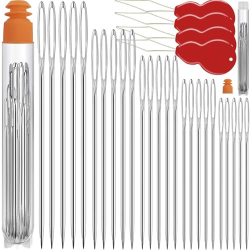 RUISPEED 75 piezas de agujas de coser con ojo grande para coser a mano – Incluye 4 enhebradores, varias tamaños, agujas de bordado con ojo grande, de alta calidad