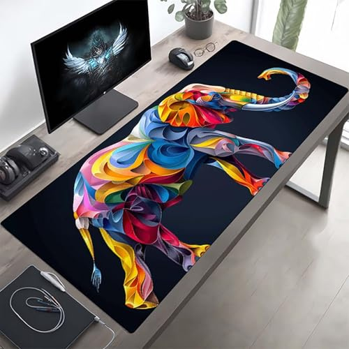 Gaming Mauspad 120 x 60cm Gaming Mousepad XXL Elefant Schwarz Mauspad Schreibtischauflage, Genähte Kanten Mausmat, rutschfeste Gummibasis, Schreibtisch Schutz für Home Büro, Geschenke PjY10408 1-7
