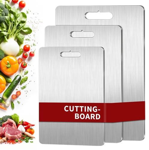 Set di 3- Tagliere in Titanio, S316 Tagliere Acciaio Inox, Doppio Lato per Alimenti,Cutting Board per Verdura,Fruttas,Carne,Panes