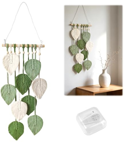 Makramee Wandbehang Boho Deko,60x25cm Makramee Wandteppich mit Grün Blätter | Macrame Wall Hanging Boho Decoration, Handgemachter Wandbehang mit Holzperlen für Wohnzimmer, Schlafzimmer, Kinderzimmer