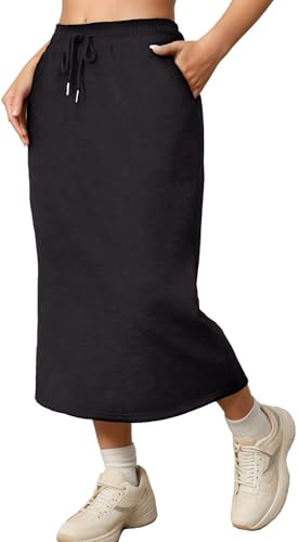 SEAUR Faldas midi para mujer con bolsillos y abertura trasera, falda larga de verano casual, cintura elástica, básica, lisa S-2XL, Negro, L