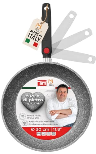 AKITAInk Padella Antiaderente Linea Cuore di Pietra 30 cm con Manico Pieghevole Salvaspazio - Effetto Pietra, Compatibile con Induzione
