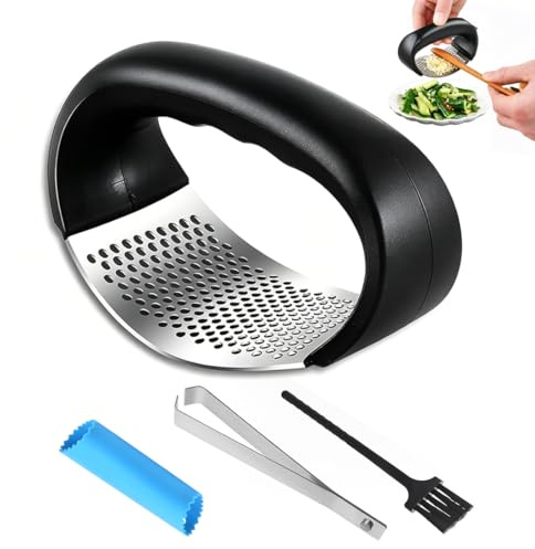 BIKPRST 4 en 1 Prensa Ajos Pelador de Ajos Machacador de Ajos, Set Completo de Utensilios de Cocina para Picar y Pelar Ajo con Cepillo de Limpieza, Acero Inoxidable