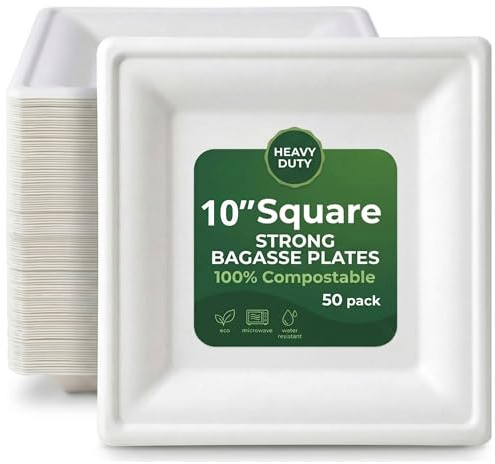 Ask Packaging Strong Paper Plates (10 Inch - 50 Pack) Compostable Disposable Square Bagasse Plates - Heavy Duty Eco-Friendly Biodegradable Sugarcane Plate for Parties – Microwave & Freezer Safe