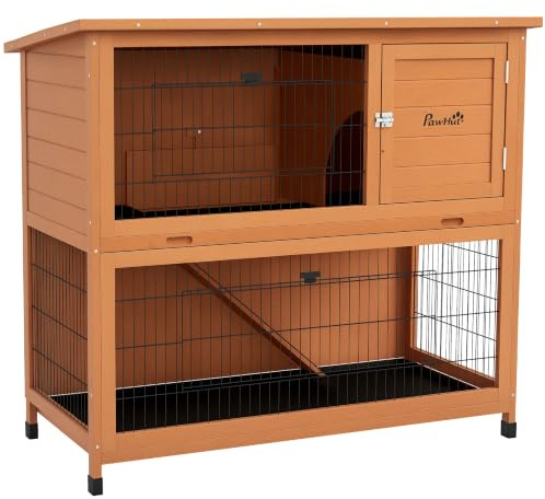 PawHut Hasenstall 2 Etagen aus Holz 123 x 63 x 112 cm Bitumendach Orange | Kaninchenstall, Rampe, Türen, Freilaufgehege, Stahlgitter Kleintierkäfig, für 2 Kaninchen, Outdoor