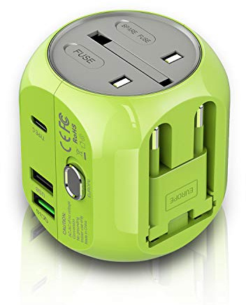 Milool Reiseadapter Universal Steckdosenadapter Reiseadapter Weltweit mit DREI USB QC3.0 Typ-C Anschlüssen (3A) Reiseladegerät für Phones und Stecker für EU/US/UK All-In-One für über 200 Länder-Grün