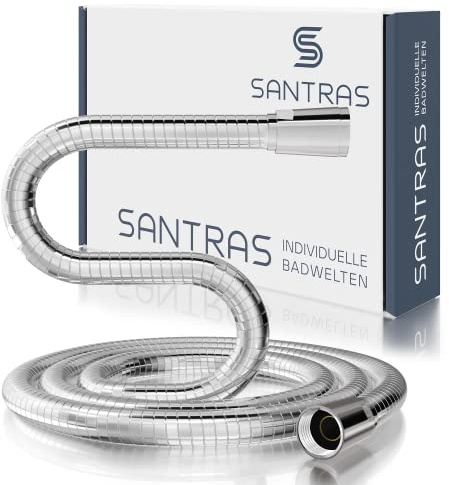 SANTRAS® Duschschlauch PREMIUM Chrom 2,00 m MADE IN GERMANY mit Wassersparer – Besonders flexibel und verdrehsicher mit DURCHFLUSSBEGRENZER – Brauseschlauch in Edelstahloptik aus Easy Clean Material