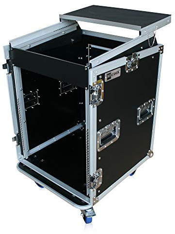 Winkelrack 18HE /10HE oben + Notebook-Ablage Rollen mit Butterfly Case DJ L-Rack