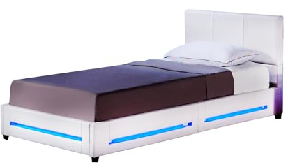Home Deluxe - LED Bett Asteroid - Weiß, 90 x 200 cm - Inkl. Lattenrost I Polsterbett Design Bett inkl. Beleuchtung