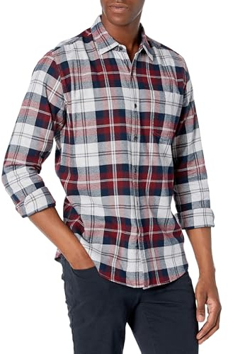 Amazon Essentials Chemise en flanelle à manches longues Homme, Bordeaux Gris Écossais, XL