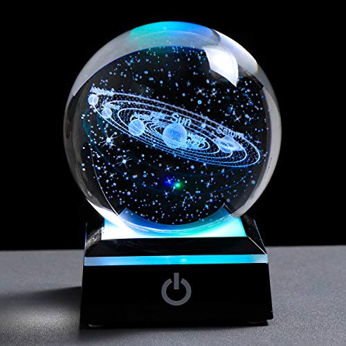 3.15 (80 mm) Solar System Crystal Ball 3D Sun System Planets Model Globe with LED Base Home Decorative Ornament Astronomy Gifts (Black base)