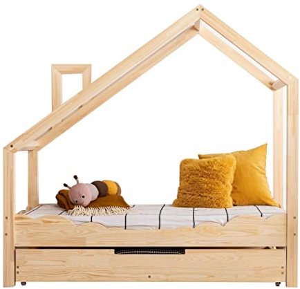 ahoj baby Hausbett mit Schublade für Kinder, Montessori-Hausbett, solides handgefertigtes Bett für Kleinkinder, Kinderbett, Bettrahmen, Cottage-Bett, Kleinkinderbett (90x200)