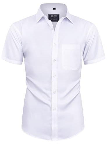 siliteelon Mens White Shirts Short Sleeve Stretch Dress Regular Fit Casual Business Summer Shirt with Pocket L