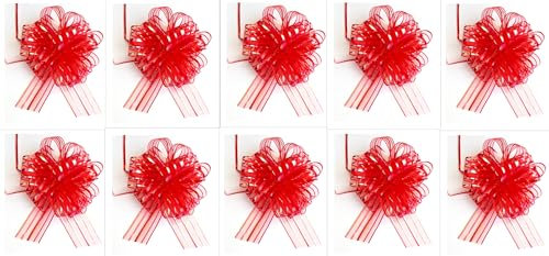 CaPiSo Große Ziehschleife Organza 16-18cm L Pull Bow Zugband Polyband Dekoschleife Geschenkschleife (Rot, 10 Stück)