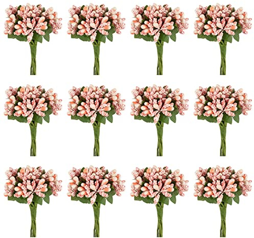 BETESSIN 144Stk. Künstliche Blumen Staubblätter zum Basteln Kunstblumen Klein Deko Blumen Staubblatt mit Blätter Blütenstempel Stoffblumen für Hochzeit Party Einladung Gastgeschenk Fleischrosa