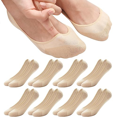 ILovDaisy Lot de 8 paires de chaussettes de ballerine pour femme - Respirantes - Invisibles - Antidérapantes - Avec coussinet en silicone, 8 paires (8 couleurs de peau), 39-42