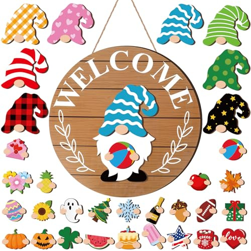 Qunclay Interchangeable Wooden Gnome Decor Holiday Seasonal Gnome Decorations with Magnet Pieces and Detachable Hats Changeable Welcome Sign for Home(Simple Style)
