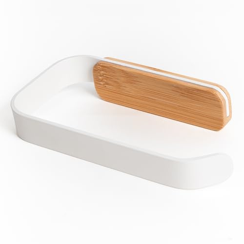 KAZAI.® Portarrollos de Papel Higiénico Leif - Montaje en Pared y Autoadhesivo (Sin Taladro) | Acero Inoxidable y Auténtica Madera de Bambú | Soporte Papel para Baño | Blanco Mate
