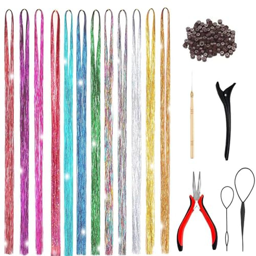 Hair Tinsel Kit,Fairy Tinsel Hair Extensions with Tool 12 Colors 48In 2400 Strands Hair Tinsel Heat Resistant,Glitter Hair Extensions for Women,Accessories for Halloween Christmas Cosplay Party