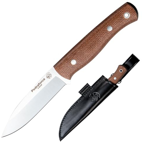 J&V PEDRAFORCA Couteau à lame fixe pour Bushcraft, Randonnée, Camping et Sports de Plein Air, Lame 10,5 cm, Gaine en cuir, Handmade in Spain