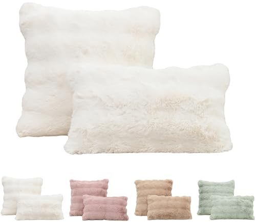 Tospass 2er Set Kissenbezug 50x50 cm Weiß Künstlich Kaninchenfell Kuschelkissen Flauschig Weich Glatt Sofakissen Dekokissen, Deko Wohnzimmer Zierkissen Couchkissen mit Unsichtbarer Reißverschluss